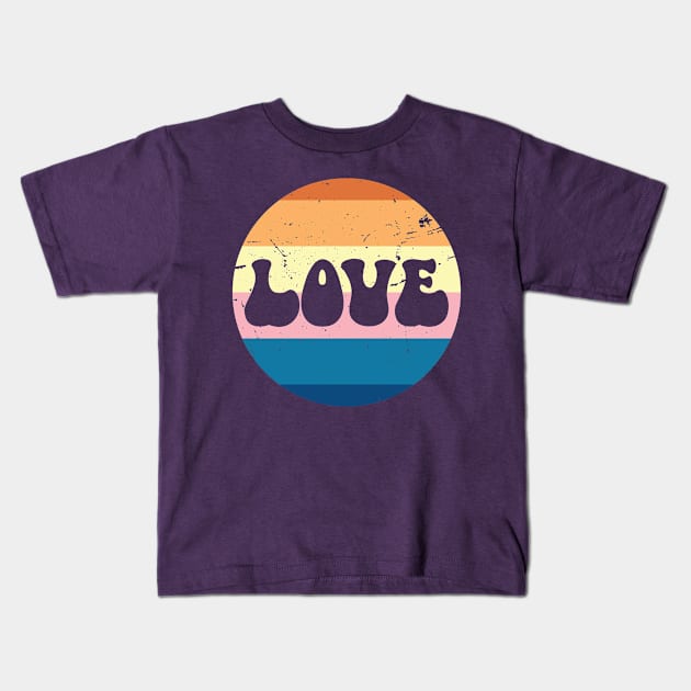 Retro Love Typography On Sunset with Purple Background Kids T-Shirt by Sandy Richter Art & Designs